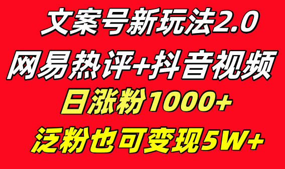 创意文案号新模式 网易热评 抖音视频文案 一天增粉1000  多种多样变现方式 泛粉也可变现-网创资源大全